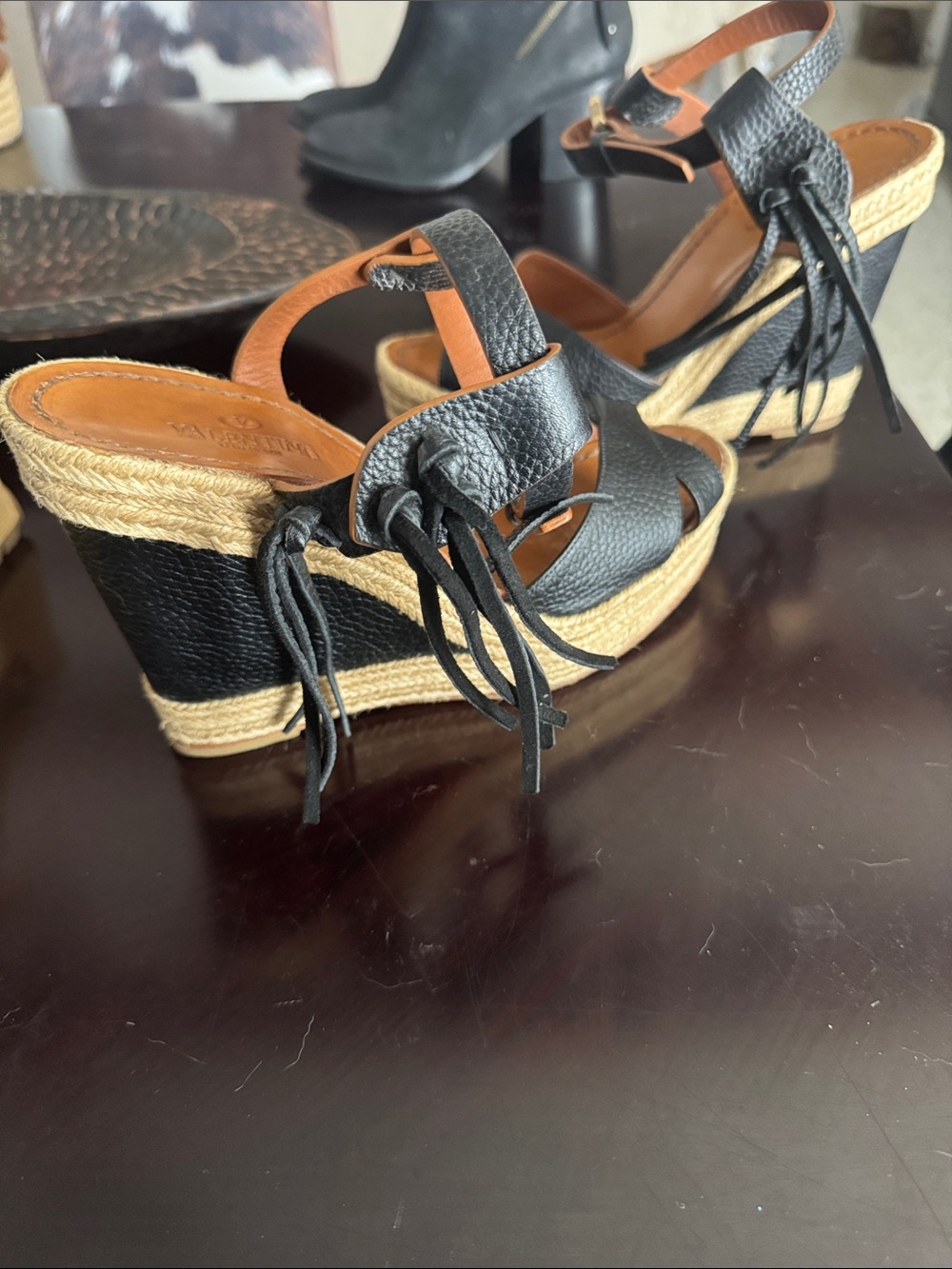Valentino Black Leather Fringe Wedge Espadrilles